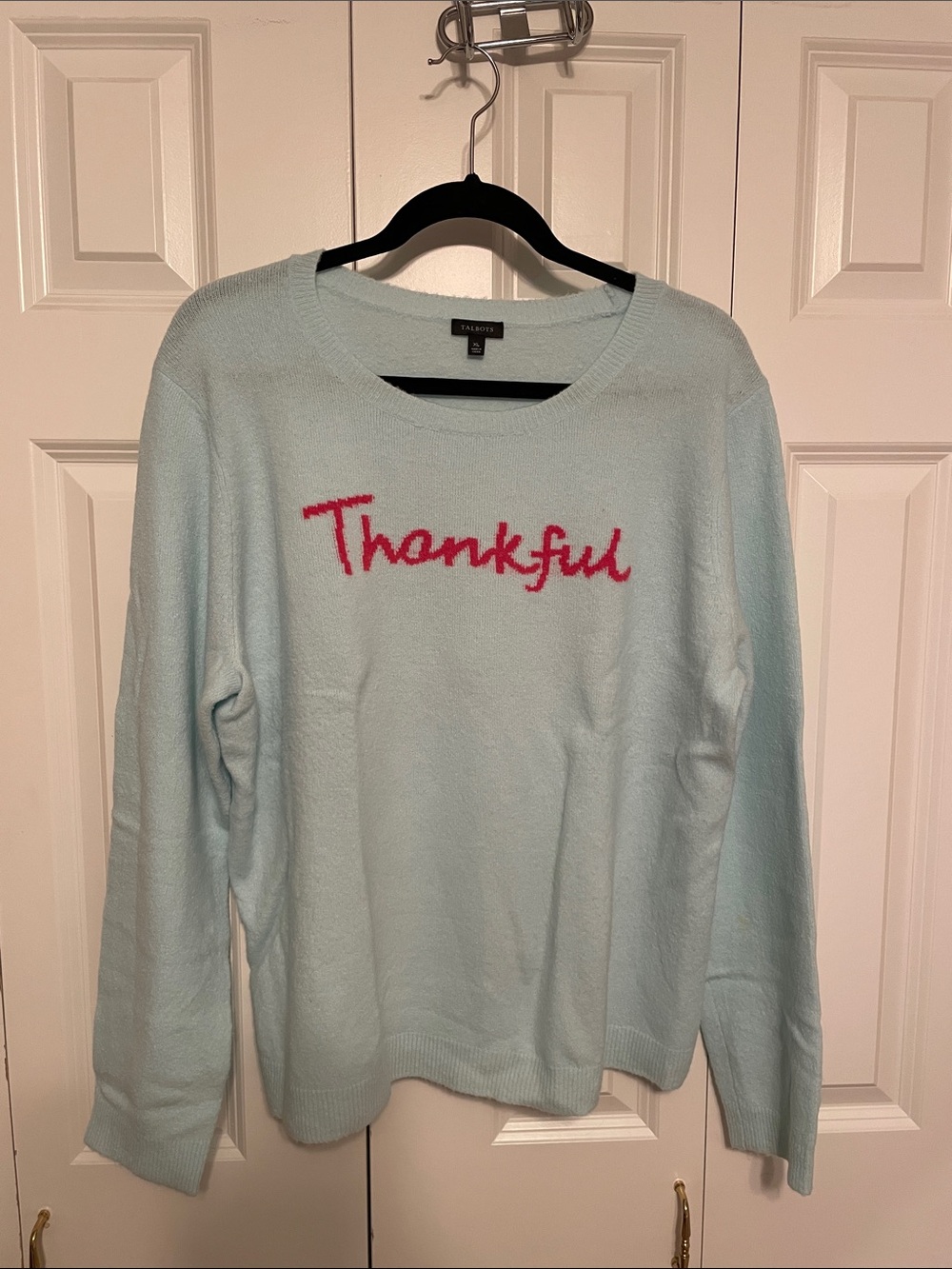Talbots Light Blue Crewneck Sweater with Pink 'Thankful' Script
